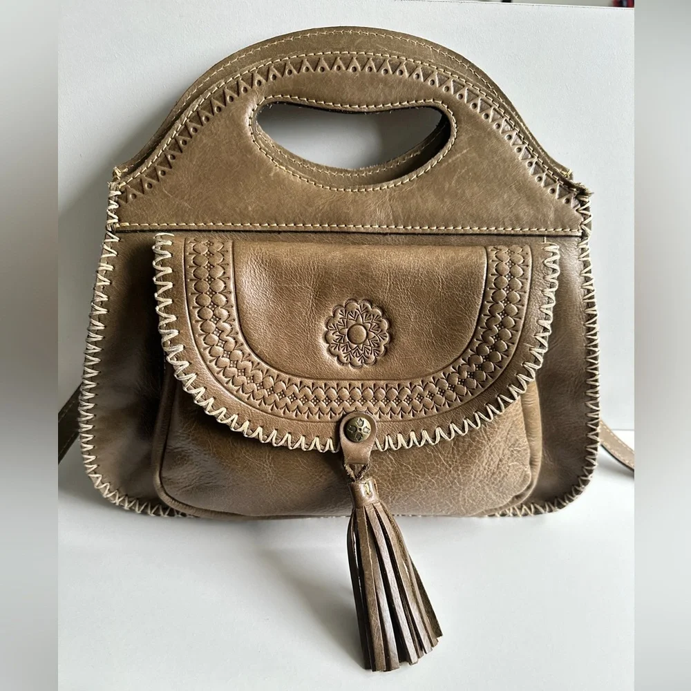 Patricia Nash Sage Green Distressed Leather Stitch Trim Detach Strap Hobo Bag